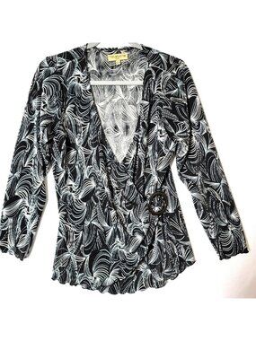 Notations Wrap Front Top Womens Sz 1X Faux Micro Accordion fabric Black & White